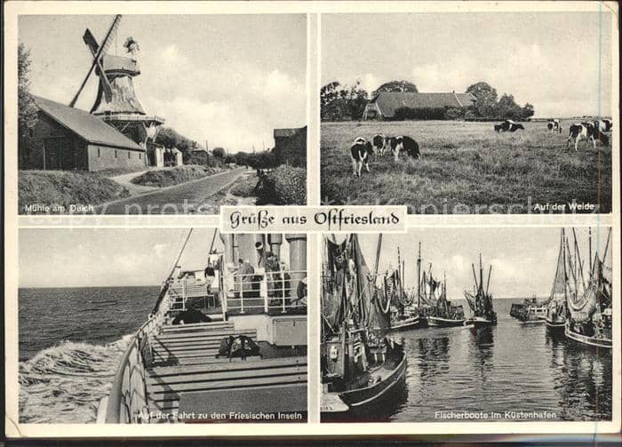 Ostfriesland Mühle Deich Fischerboote Küstenhafen – Ansichtskarte