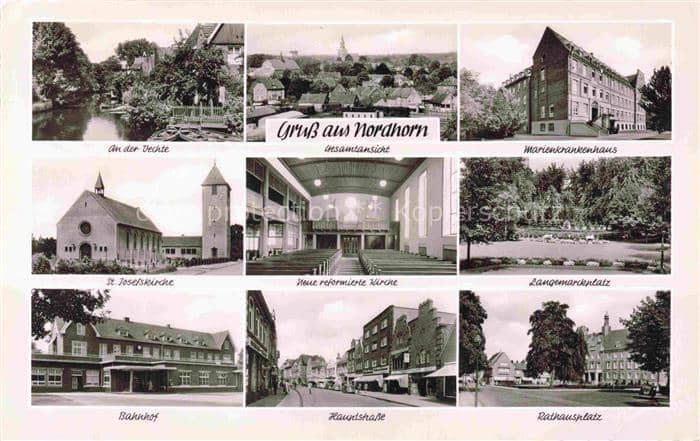 Nordhorn Partie an der Vechte Gesamtansicht Krankenhaus Kirche Langemarckplatz B – Ansichtskarte Nordhorn