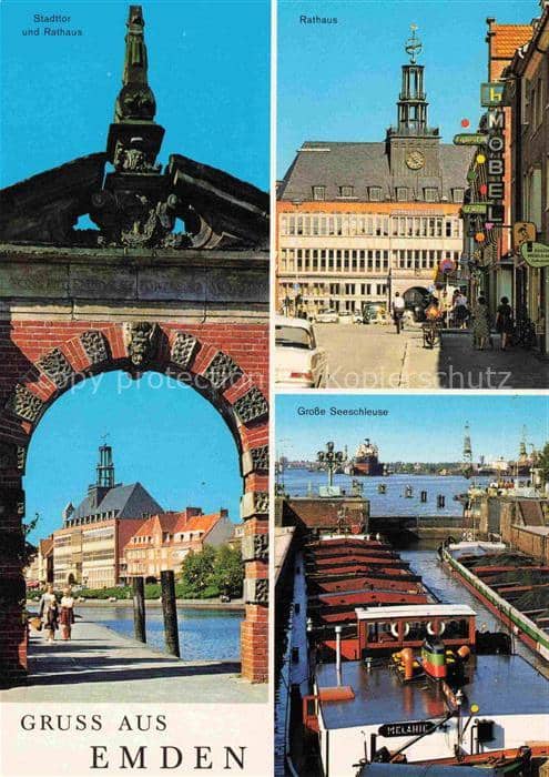 EMDEN  Ostfriesland Stadttor Rathaus Grosse Seeschleuse – Ansichtskarte Emden