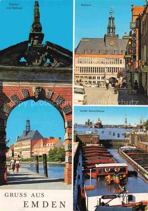 EMDEN  Ostfriesland Stadttor Rathaus Grosse Seeschleuse – Ansichtskarte Emden