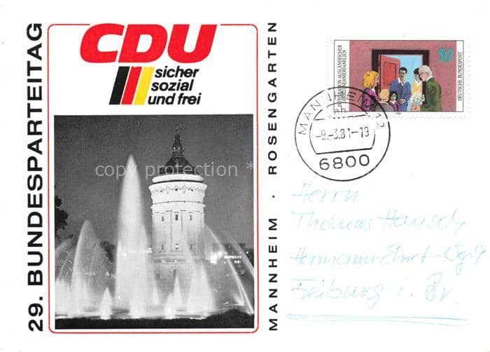 MANNHEIM BW Wasserturm Rosengarten CDU Bundesparteitag Fontaene Nachtaufnahme Be – Ansichtskarte Mannheim