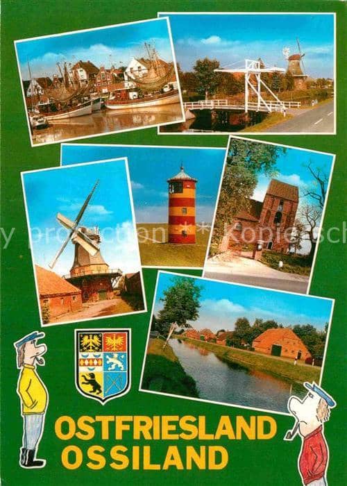 Ostfriesland Bootshafen Zugbrücke Mühle Leuchtturm K – Ansichtskarte