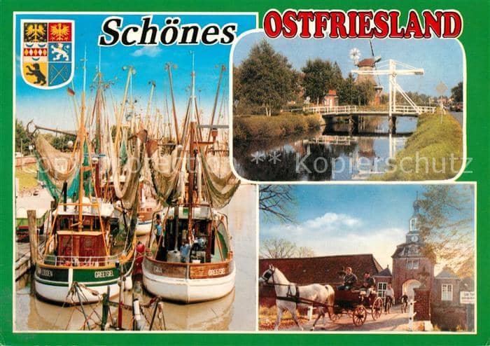 Ostfriesland Fischerhafen Zugbrücke Pferdekutsche – Ansichtskarte