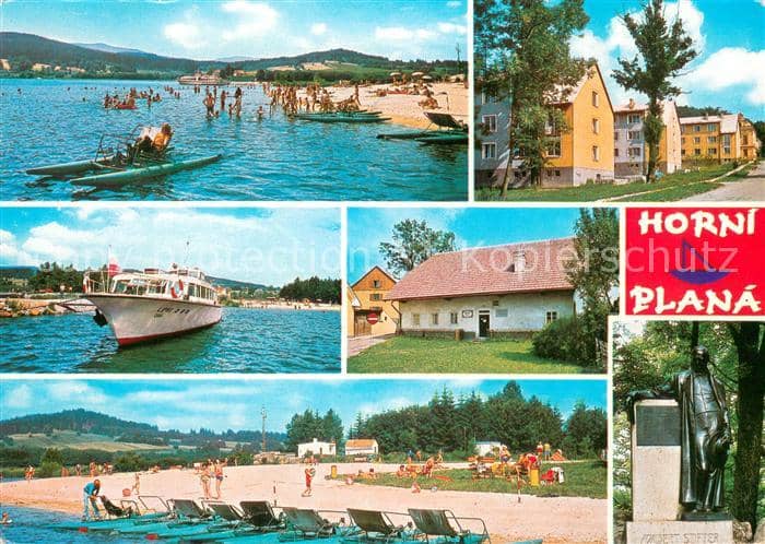 Horni Plana Badestrand Moldaustausee Fahrgastschiff Denkmal Ortsmotiv – Поштова листівка