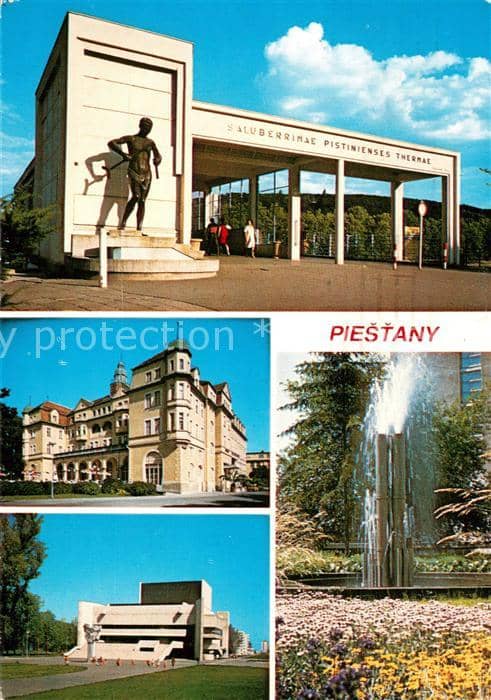 Piestany Portal Kolonadoveho mostu Liecebny dom Slovan Dom umenia Fontana – Ansichtskarte