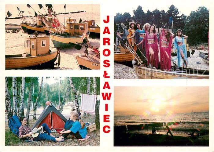 Jaroslawiec Boote am Strand Maedchengruppe Zeltlager Panorama – Widokówka