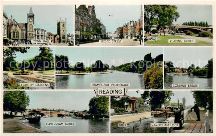 Reading Town Hall Broad Street Reading Bridge ForburyGardens Thames Side Promena – Ansichtskarte Reading