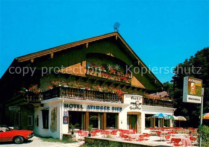 Weyarn Miesbach Bayern Gasthaus Bruckmuehle Terrasse Muehltal – Ansichtskarte Weyarn