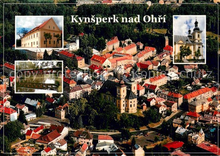 Kynsperk nad Ohri Letecky pohled radnice katolicky kostel drevena lavka – Ansichtskarte