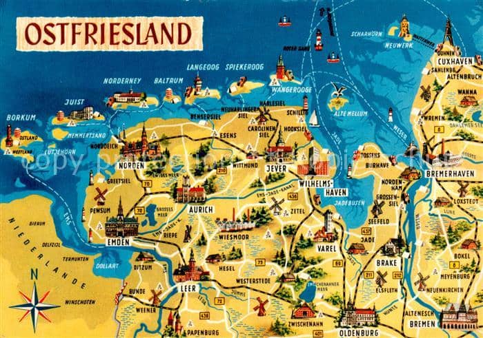Ostfriesland Landkarte der Region mit Sehenswürdigke – Ansichtskarte