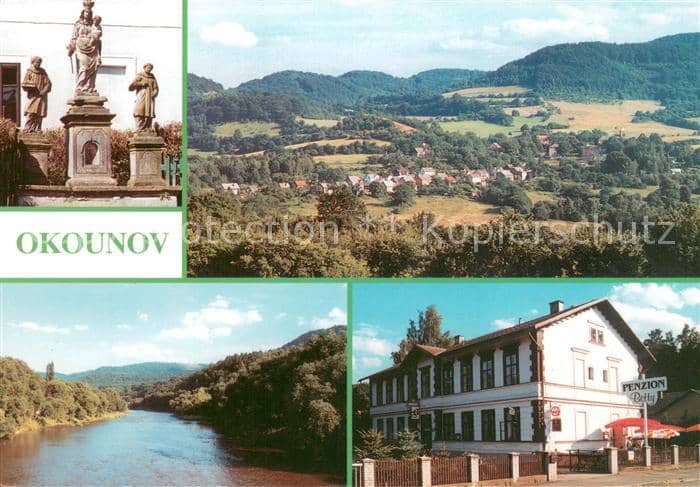 Okounov Chomutov Denkmal Landschaftspanorama Partie am Fluss Pension Betty – Ansichtskarte