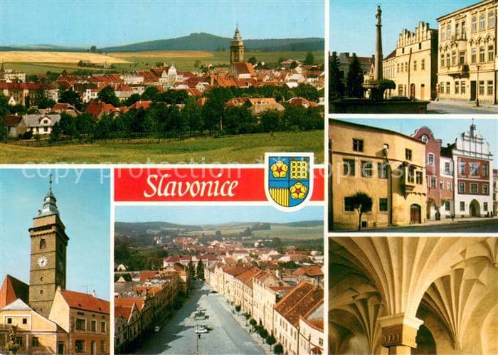 Slavonice Zlabings Ortsansicht mit Kirche Brunnen Innenstadt Bauwerk – Ansichtskarte