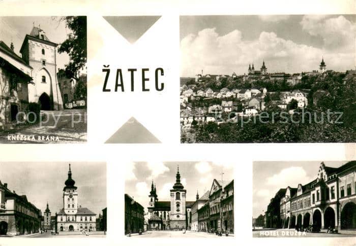 Zatec Knezska Brana Hotel Druzsa Stadtpanorama Innenstadt Rathaus Kirche – Ansichtskarte