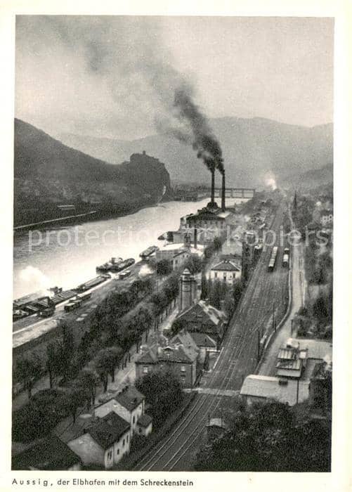 Aussig Tschechien Elbhafen mit dem Schreckenstein Eisenbahn Aus dem Jahrweiser S – Ansichtskarte