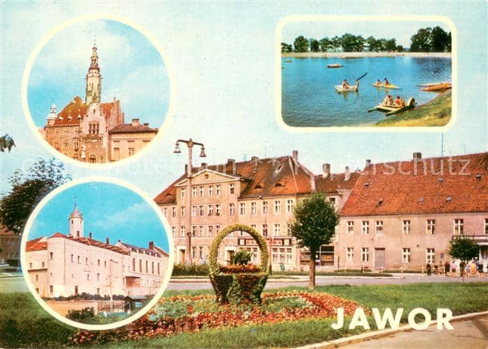 Jawor Plac Wolnosci Ratusz z zachowana gotycka wieza zwienczona barokowym hetmem – بطاقة مصوّرة