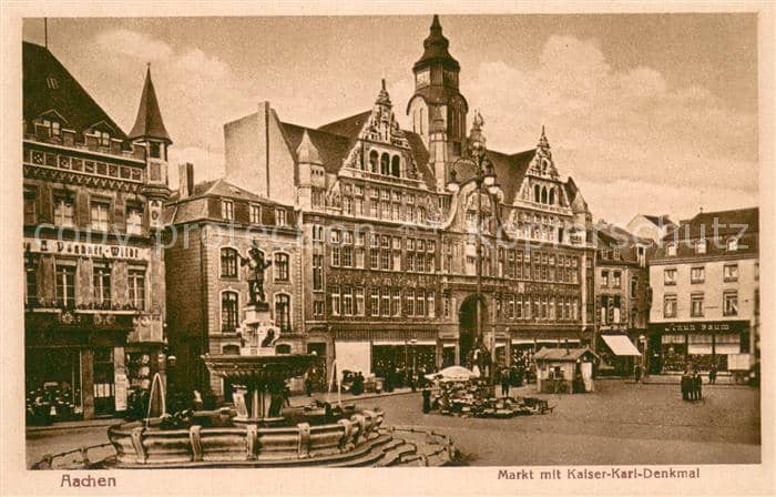 AACHEN NRW Aachener Markt mit Geschaeften Kaiser-Karl-Denkmal – Ansichtskarte Aachen