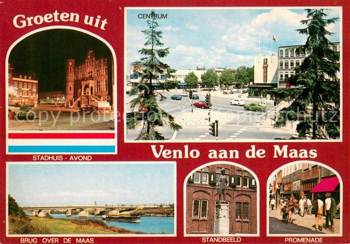 Venlo Stadhuis Avond Brug over de Maas Standbeeld Promenade – Ansichtskarte Venlo