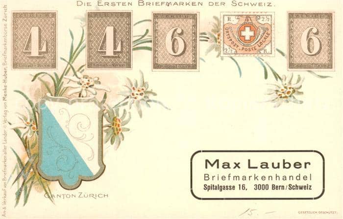 Briefmarken auf Postkarte Erste Briefmarken der Schweiz – Ansichtskarte