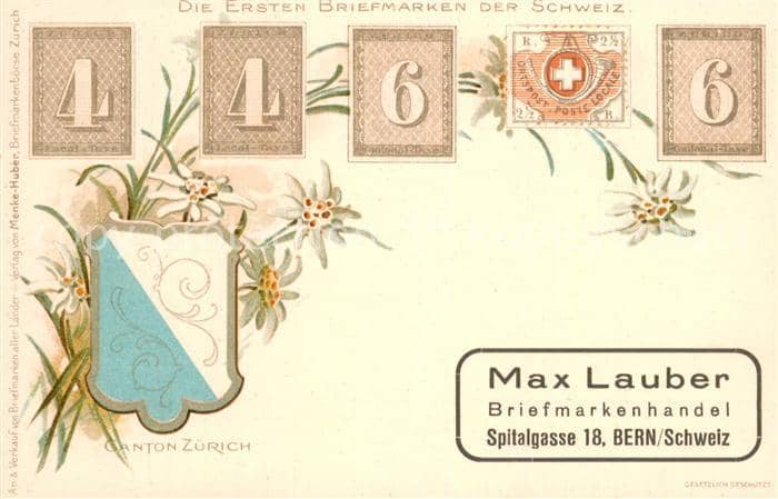 Briefmarken auf Postkarte erste Briefmarken Schweiz – Ansichtskarte