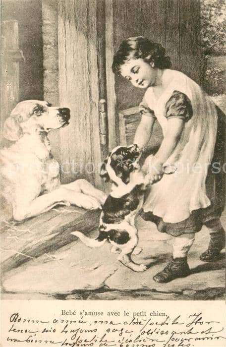 HUNDE dogs chiens-- Bebe samuse avee le pitit chien – Ansichtskarte