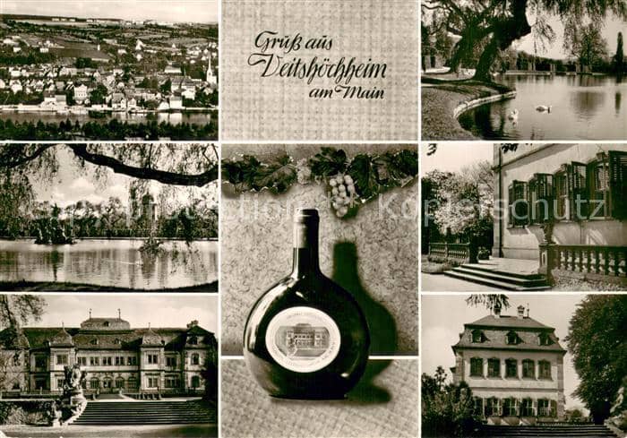 Veitshoechheim Wuerzburg Bayern Stadtpanorama Teich Schloss Weinflasche Trauben – Ansichtskarte Veitshöchheim