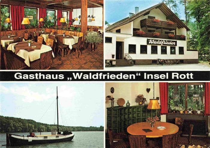 Linkenheim-Hochstetten Gasthaus Waldfrieden Insel Rott Gastraeume Fischerboot – Ansichtskarte Linkenheim-Hochstetten