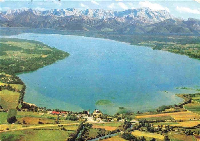 Ammersee Bayern Fliegeraufnahme mit Karwendel und Wetterstein Hochgebirge – Ansichtskarte Utting a.Ammersee