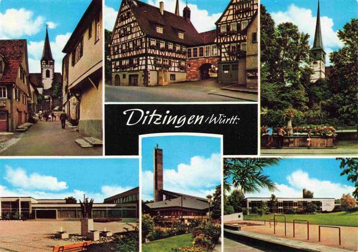 Ditzingen Gasse Fachwerkhaeuser Kirchen Schule – Ansichtskarte Ditzingen