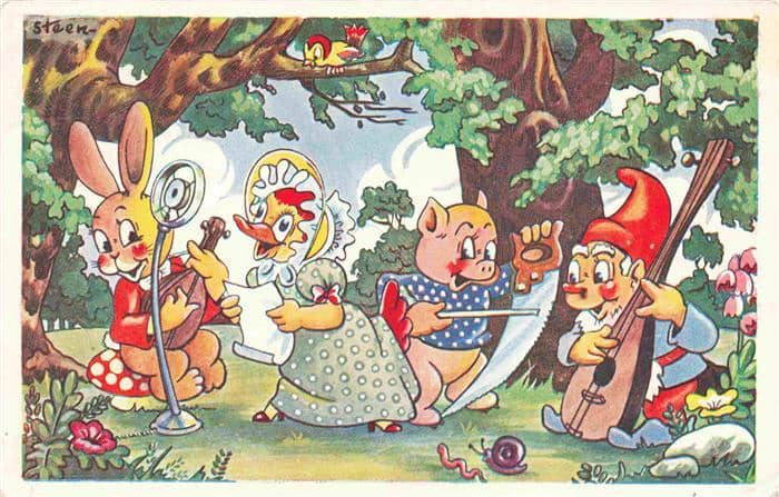 Zwerge Dwarfs Nains-- Vermenschlicht Schwein Ente Hase – Ansichtskarte