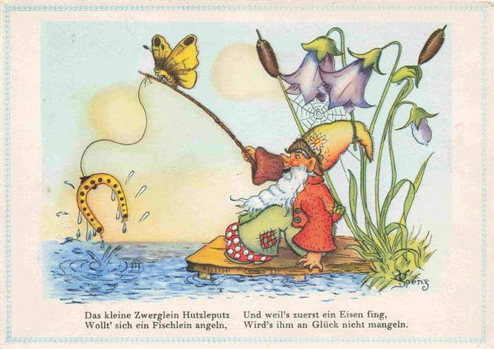 Zwerge Dwarfs Nains-- Schmetterling Angeln Hufeisen – Ansichtskarte