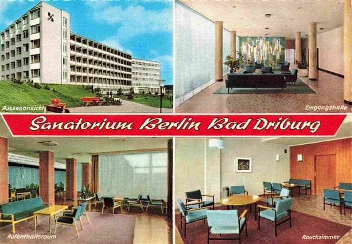 BAD DRIBURG Sanatorium Berlin Eingangshalle Aufenthaltsraum Rauchzimmer – Ansichtskarte Bad Driburg