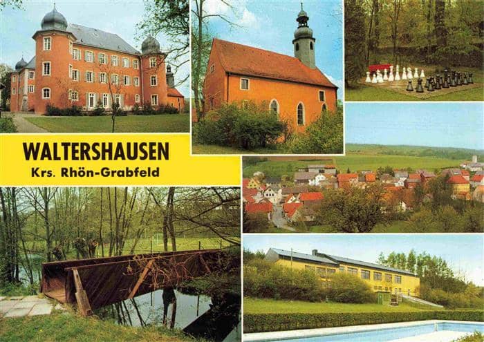 Waltershausen Unterfranken Bayern Schloss Kirche Bodenschach Panorama Holzbrueck – Ansichtskarte Saal a.d.Saale