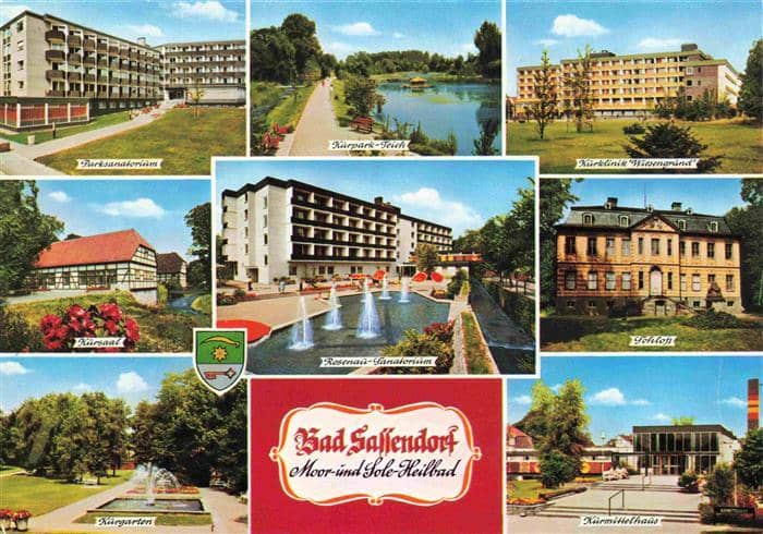 Bad Sassendorf Parksanatorium Kursaal Kurgarten Teich Rosenau Sanatorium Kurklin – Ansichtskarte Bad Sassendorf