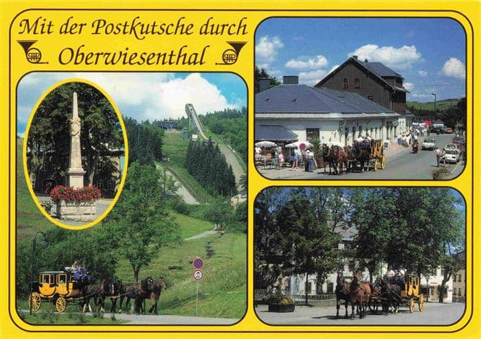 Oberwiesenthal Erzgebirge Postsaeule Sprungschanze Postkutschenfahrten – Ansichtskarte Oberwiesenthal