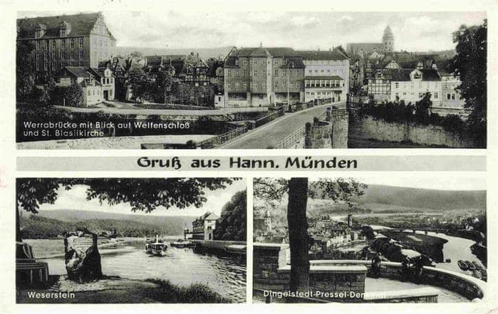 Hann. Muenden Werrabruecke Welfenschloss und St Blasilkirche Weserstein Dingelst – Ansichtskarte Hann. Münden