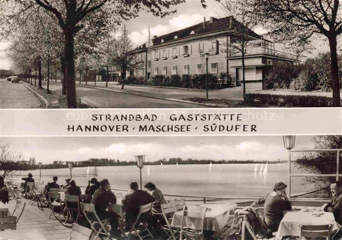HANNOVER  CITY Strandbad Maschsee-Suedufer Gaststaette Segelboote Terrasse Seeuf – Ansichtskarte Hannover