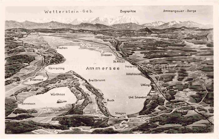 Ammersee Bayern Ammersee Panoramakarte Zugspitze Wetterstein Herrsching Diessen – Ansichtskarte Utting a.Ammersee