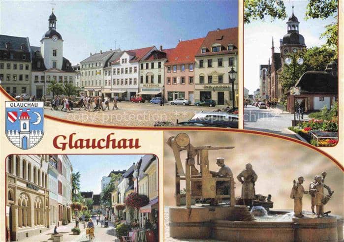 Glauchau Sachsen Rathaus Markt Postamt Fussgaengerzone Leipziger-Strasse Brunnen – Ansichtskarte Glauchau