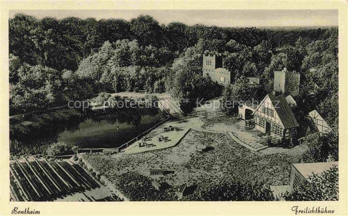 Bad Bentheim Freilichtbuehne Teich Schloss Turm Fachwerkhaus Baeume Park Amphith – Ansichtskarte Bad Bentheim