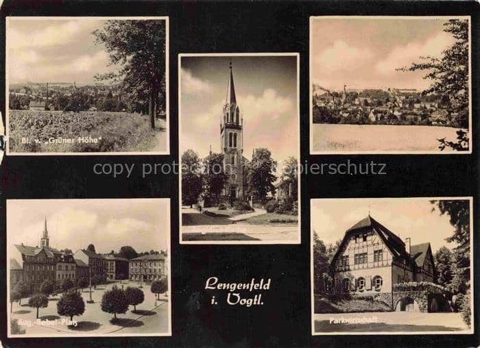 Lengenfeld  Vogtland Sachsen Aug.-Bebel-Platz Gruener-Hoehe Kirche Partwirtschaf – Ansichtskarte Lengenfeld Vogtland