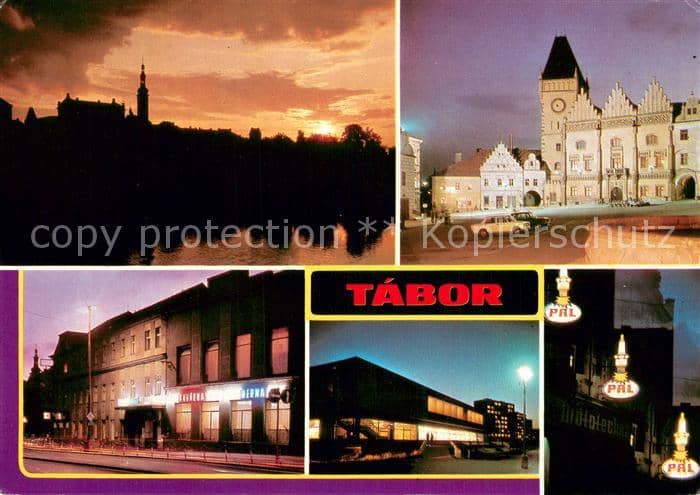 Tabor  CZ Pohled pres Jordan Zizkovo namesti Hotel Jordan Restaurace Zlato svick – Ansichtskarte