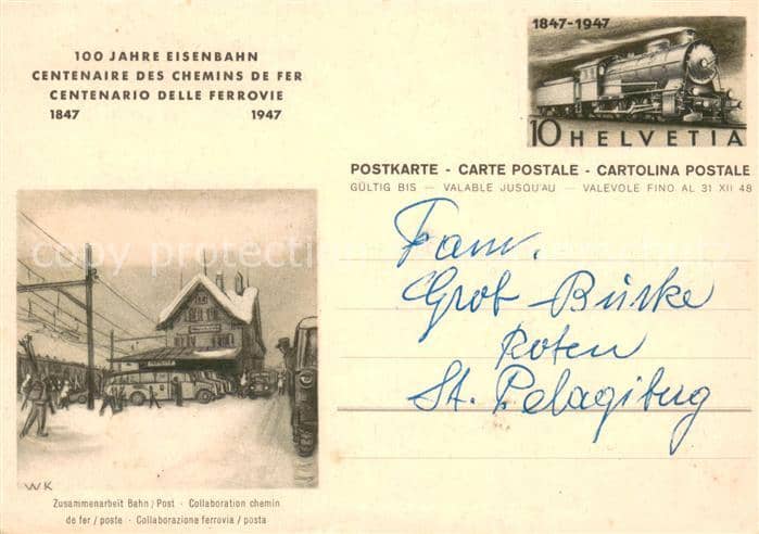 Postbus Bahn PosCentenaire des Chemins de fer Centenario delle ferrovie – Ansichtskarte