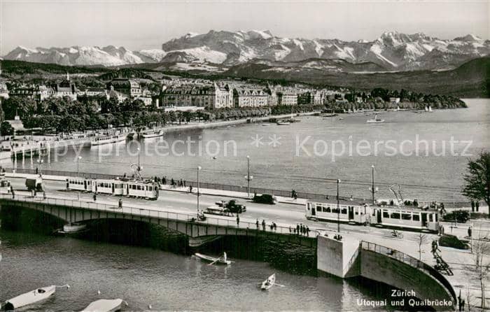 Strassenbahn Zuerich Utoquai und Quaibruecke – Ansichtskarte