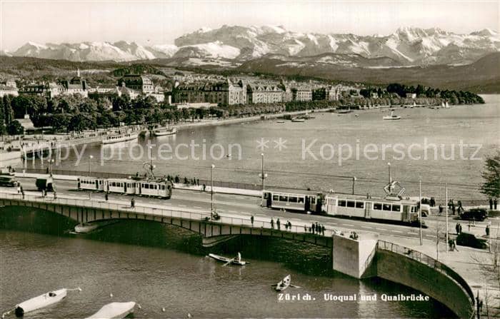 Strassenbahn Zuerich Utoquai und Quaibruecke – Ansichtskarte