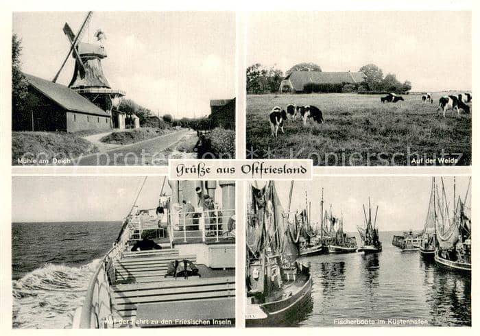 Ostfriesland Mühle Fischerboote Küstenhafen – Ansichtskarte