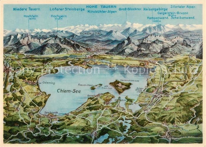 Chiemsee Bayern und Umgebung aus der Vogelperspektive Alpenpanorama – Ansichtskarte Chiemsee