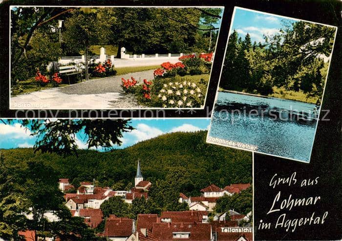 Lohmar Rhein-Sieg-Kreis NRW Teilansicht mit Kirche Johannes-Weiher Parkanlagen – Ansichtskarte Lohmar