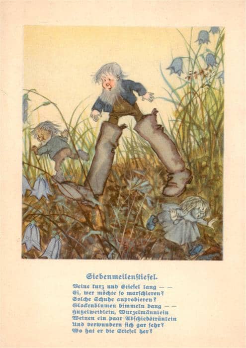 Maerchen Sagen Fairy Tale Conte-- Siebenmeilenstiefel Zwerg Wichtel Glockenblume – Ansichtskarte