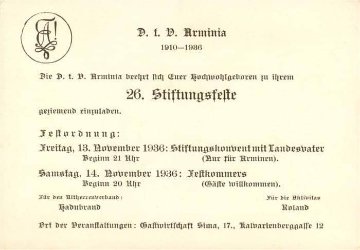 Studentika D.t.D. Arminia 26 Stiftungsfest – Ansichtskarte