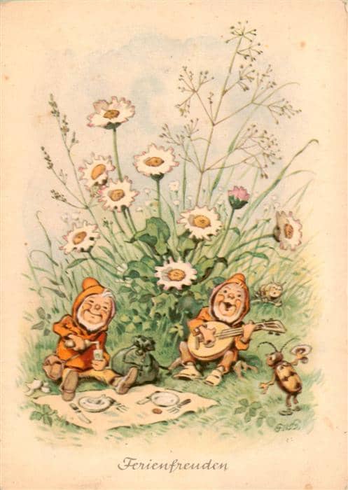 Zwerge Dwarfs Nains Ferienfreuden Litho – Ansichtskarte